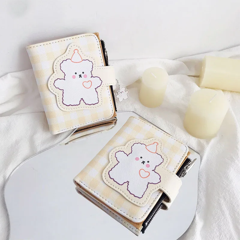 

Женский кошелек, женские кошельки, кожаный маленький кошелек на молнии с мультяшным принтом медведя, складные карманы для монет в Корейском...