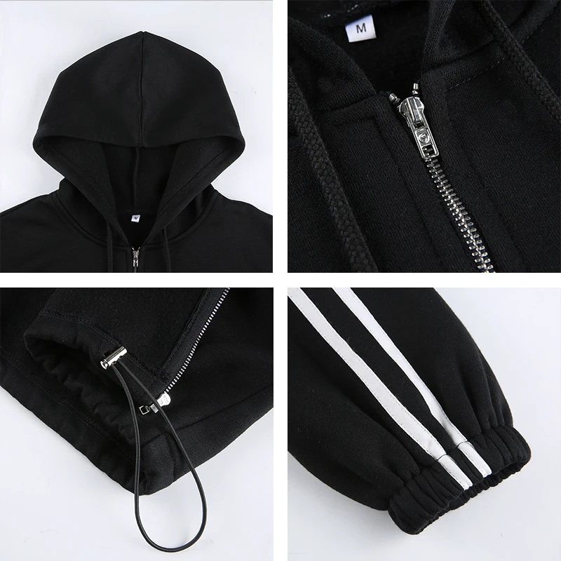 

Autumn Harajuku Zip-Up Long Sleeve Female Hoodie Sweatshirt Casual Drawstring Black White Striped Women's Cropped Hoodies 2021