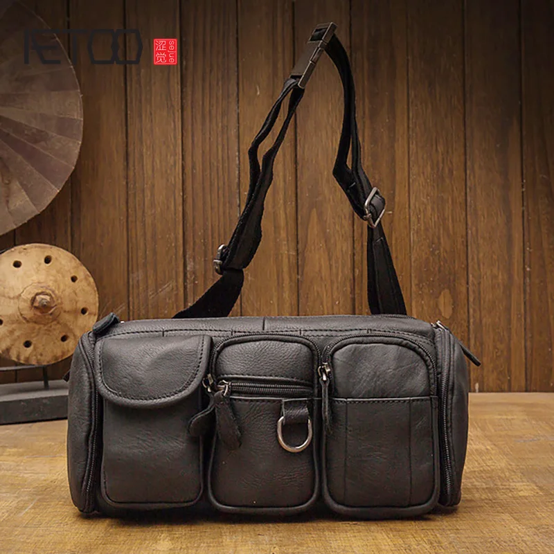 

AETOO First layer cowhide men's belt bag, trendy all-match leather messenger bag, multi-functional personality casual men's bag