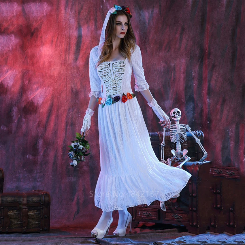Платье на Хэллоуин со скелетом для невесты страшный женский костюм косплея с