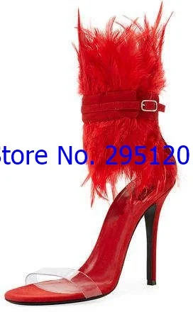 

Женские босоножки с перьями, босоножки на высоком каблуке с ремешком на щиколотке, привлекательные модельные туфли из ПВХ, вечерние туфли-лодочки