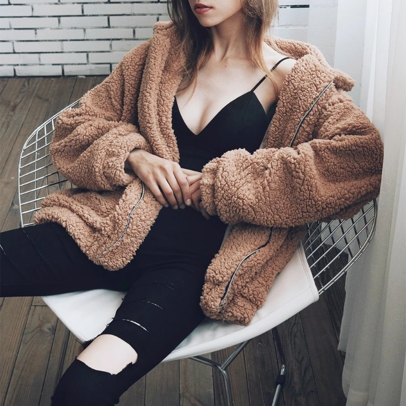 

Women Winter Long Sleeve Lapel Jacket Thick Warm Fuzzy Plush Zip Boyfriend Coat Solid Color Shaggy Oversized Outwear