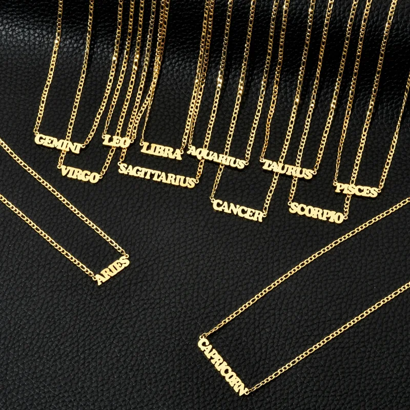Купи 12 Zodiac Constellations Pendants Necklaces For Women Men Gold Color Figaro Chain Letter Fashion Jewelry Birthday Gifts за 270 рублей в магазине AliExpress