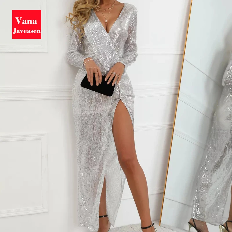 

Серебряное платье с блестками и глубоким v-образным вырезом, с длинным рукавом, женское платье Vestidos, осень 2021, Новые Вечерние платья с разрез...