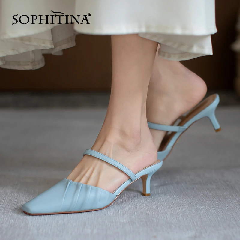 

SOPHITINA Elegant Stiletto Sandals Women Square Toe Pleated Design Shoes Leather Office Lady Simple Slip-On Female Shoes AO233