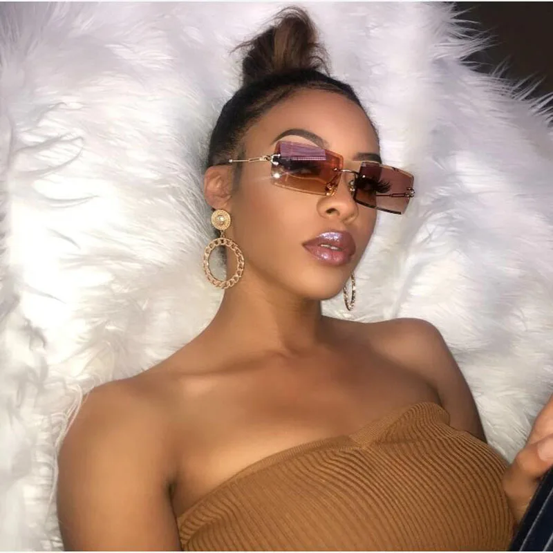 

Retro Small Rectangle Sunglasses Women Rimless Square Sun Glasses For Women 2020 Summer Style Female uv400 Green Brown Oculos