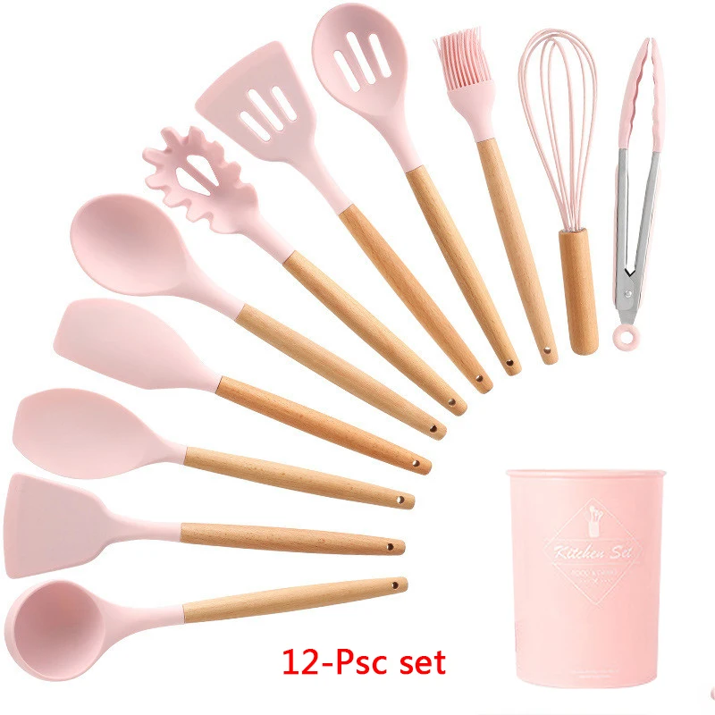 12-Pcs kitchen set 11-13 шт Силиконовая кухонная утварь набор кухонной утвари антипригарный шпатель Премиум деревянная ручка с ящиком для хранения кухонные инструменты - Цвет: 12-Pcs kitchen set