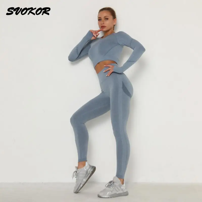 Женский спортивный костюм SVOKOR бесшовный укороченный топ леггинсы с эффектом