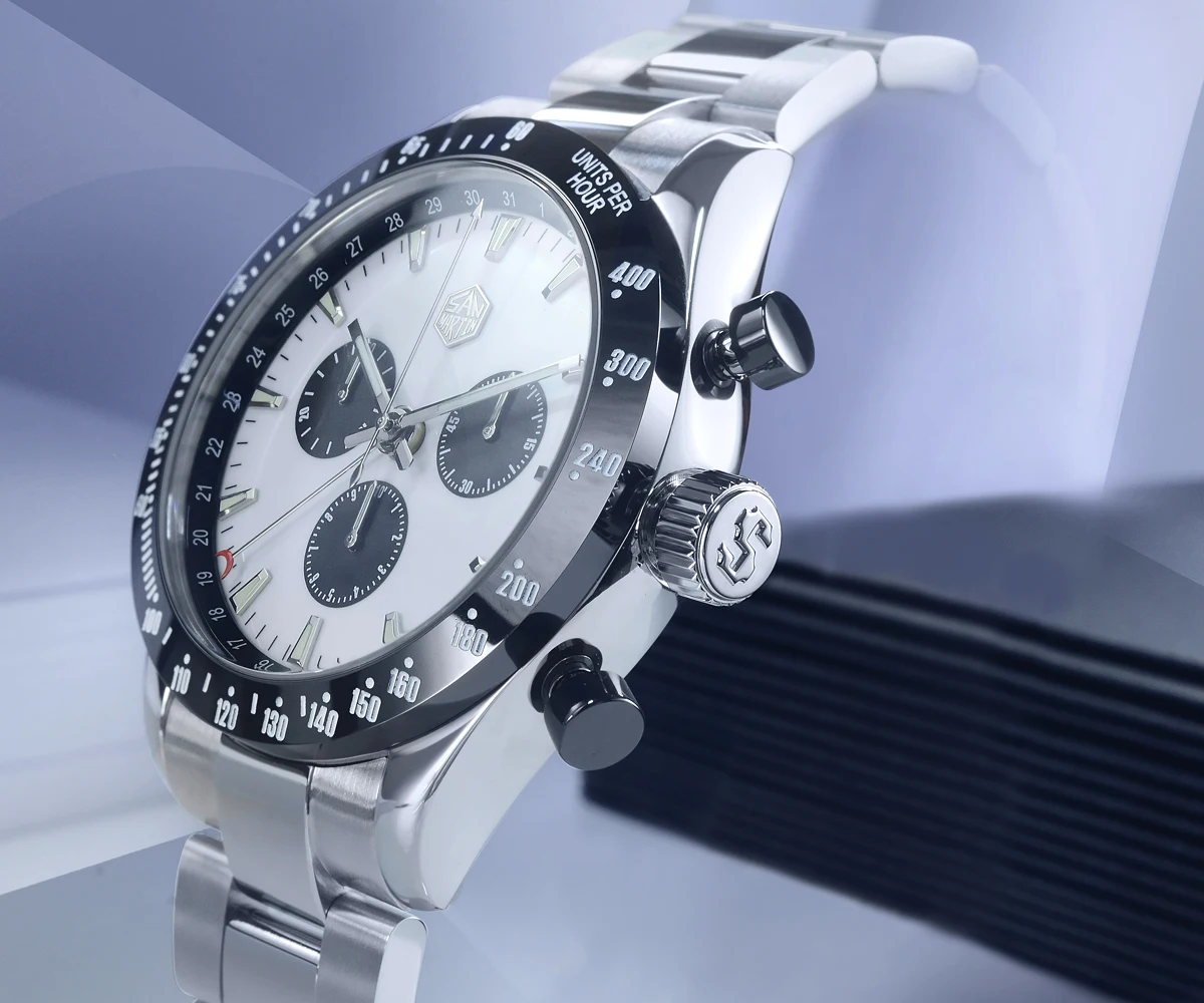 Lugyou San Martin Quartz Watch Men Chronograph Timepiece Sun ray Metal Band Sub Dials Pusher Sapphire 100m Water Resistant Glow