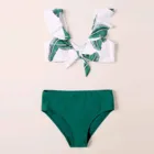 Купальник для девочек с принтом зеленых листьев и растений, летний детский купальник с оборками и бантом, купальный костюм, пляжная одежда