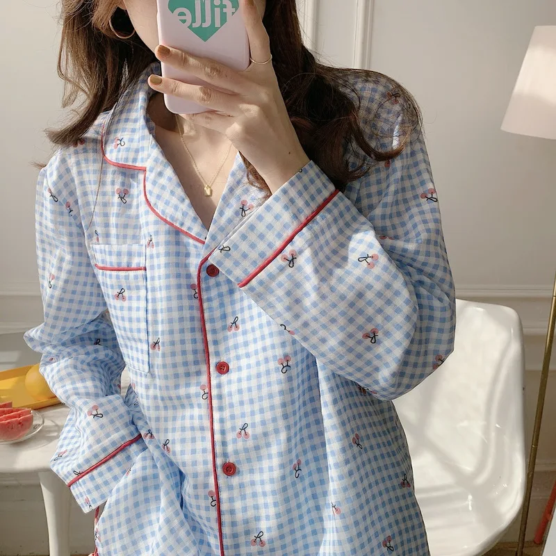 

2021 Geometric Soft Princess Chic Hot Comfortable Sleepwear Vintage Plaid Homewear Loose New Casual Femme Women Pajamas Sets