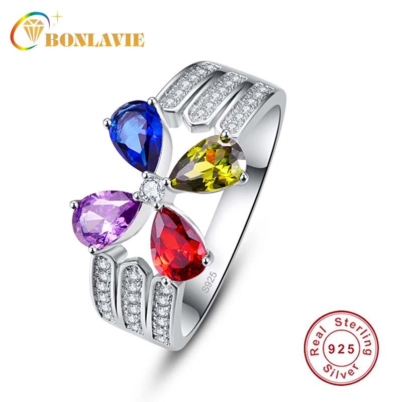 BONLAVIE Luxurious 4 Colors Flower Rings for Women Wedding Jewelry 925 Sterling Silver Water Drop Blue Yellow Purple Red Crystal | Украшения