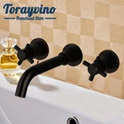 Смеситель для раковины ванной комнаты, латунный настенный кран для раковины, 3 черных крана с двойной ручкой