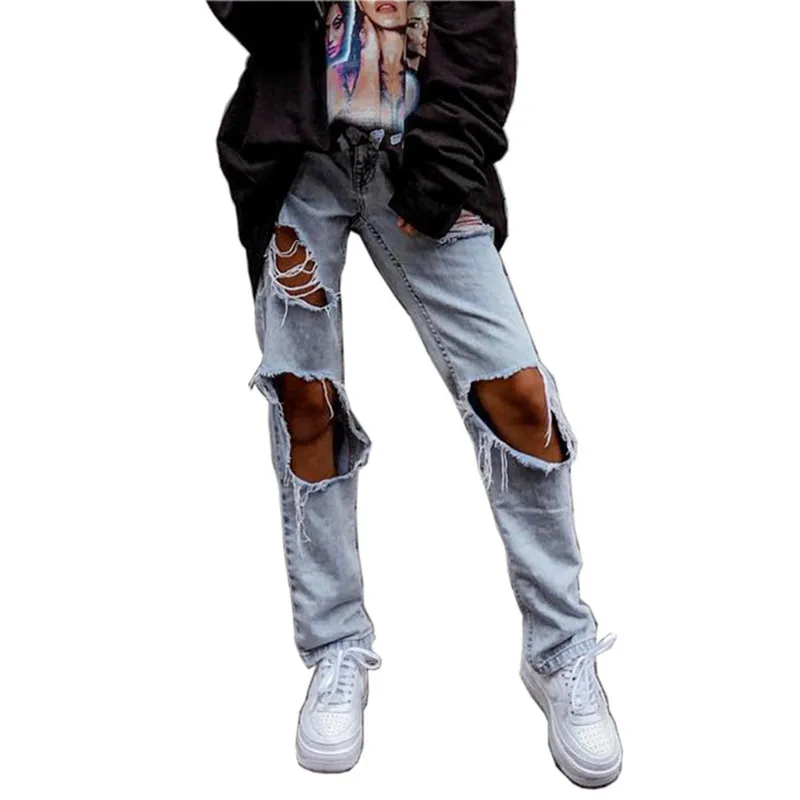 

New Women Jeans Straight Ripped Streetwear Pants Female Slim Low Waist Jeans Hip Hop Fashion Lady Denim Jean Long Pants