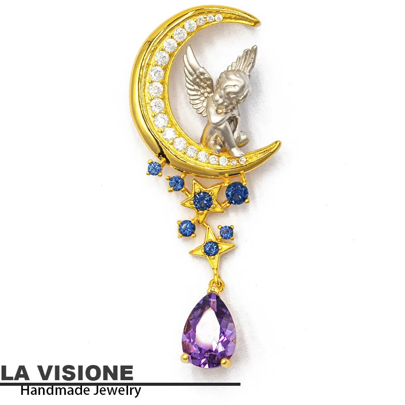 

Italian vintage handmade angel pendant romantic natural amethyst S925 silver inlaid high-quality fashion jewelry Luxury pendant