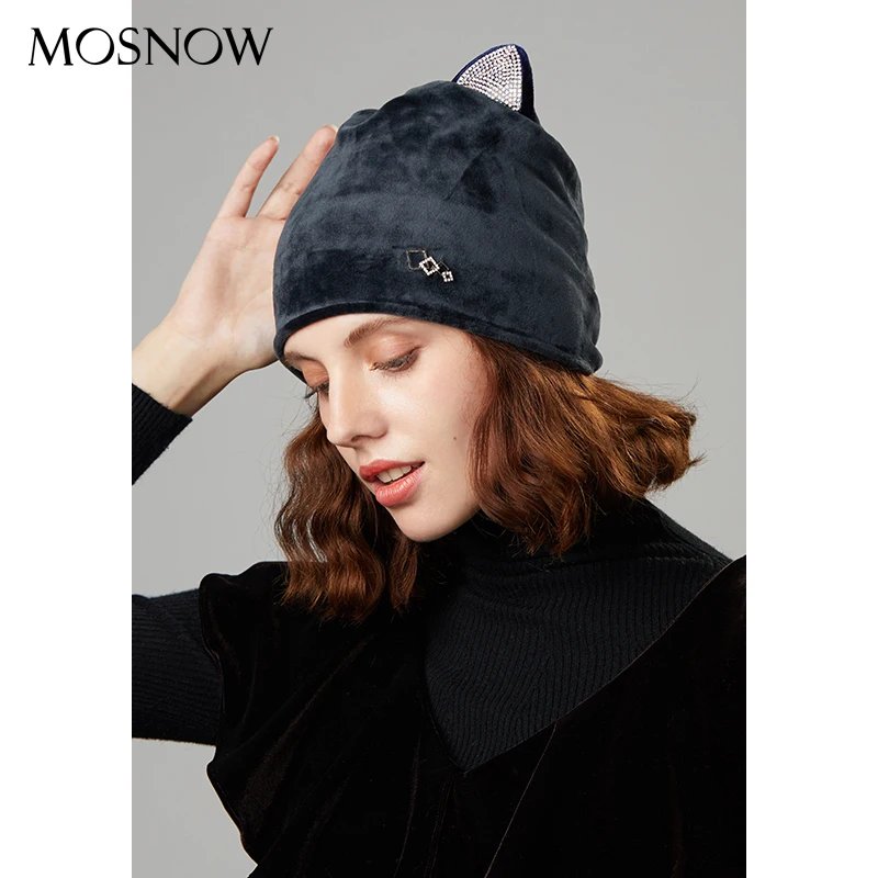 Зимняя женская шапка, s, милая шапочка с кошачьими ушками, Vogue, со стразами, чистый цвет, женские шапки, бренд, осень, для улицы, для девушек, бини, Повседневная шапка
