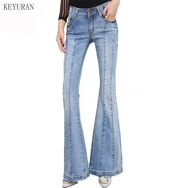 Растягивающиеся расклешенные джинсы для женщин Длинные растягивающиеся голубые