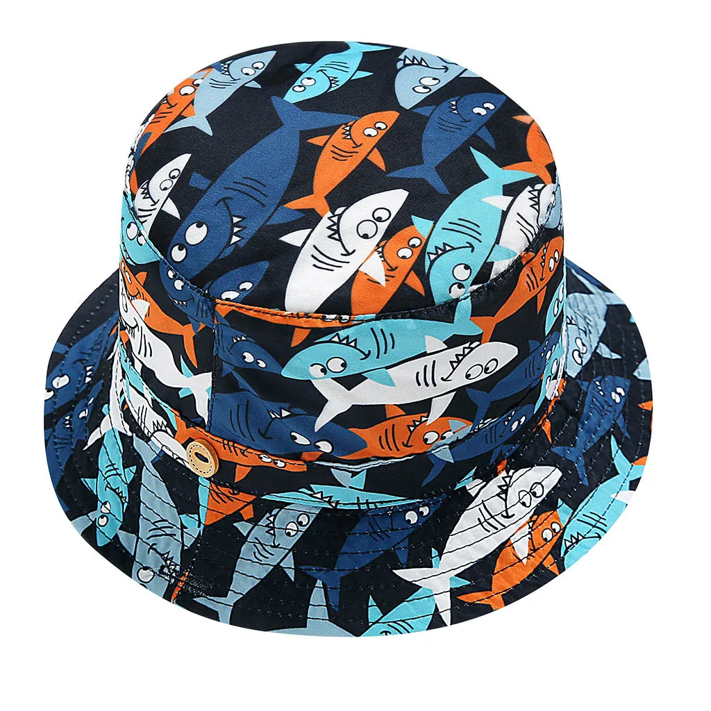 Children Spring Summer Cap Kids Boy Girl Cartoon Beach Adjustable Chin Strap Sun Protection Bucket Hat Shark Pattern 1-7Year | Детская