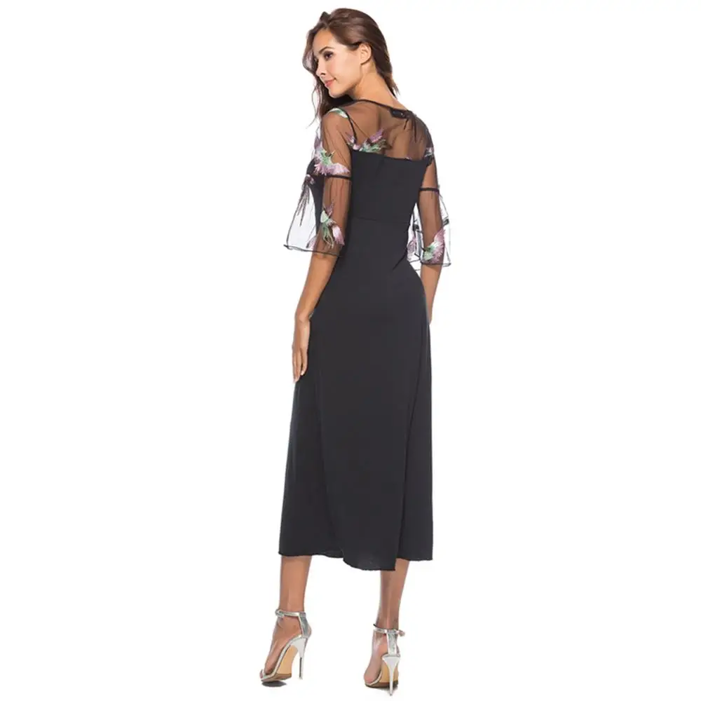 Женское кружевное платье с вышивкой черное ТРАПЕЦИЕВИДНОЕ Сетчатое рукавом до