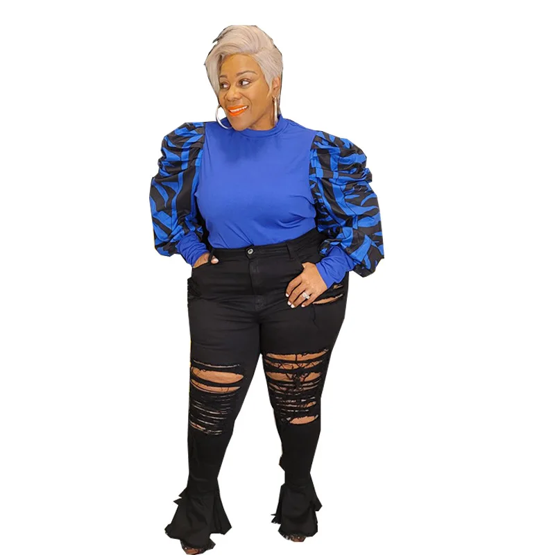 

New Arrivals Print Puff Long Sleeves Fashion Women Tops Plus Size Ruffles Long Sleeves Fashion T Shirt Three Colors In Stock