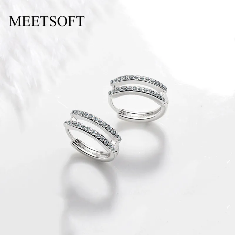 

MEETSOFT 925 Sterling Silver Prevent Allergy Hoop Earrings for Women Trendy Small Crystal Round Jewelry Gift