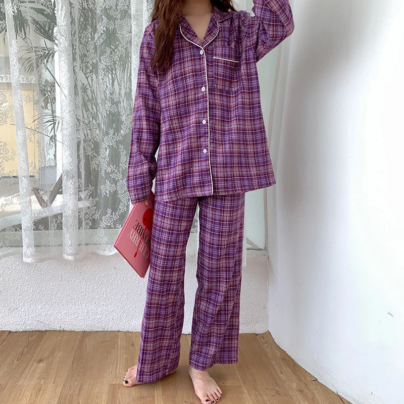 

Ретро японская клетчатая Пижама, свободная винтажная Пижама с отворотами в стиле преппи, осенняя пикантная повседневная домашняя одежда в ...