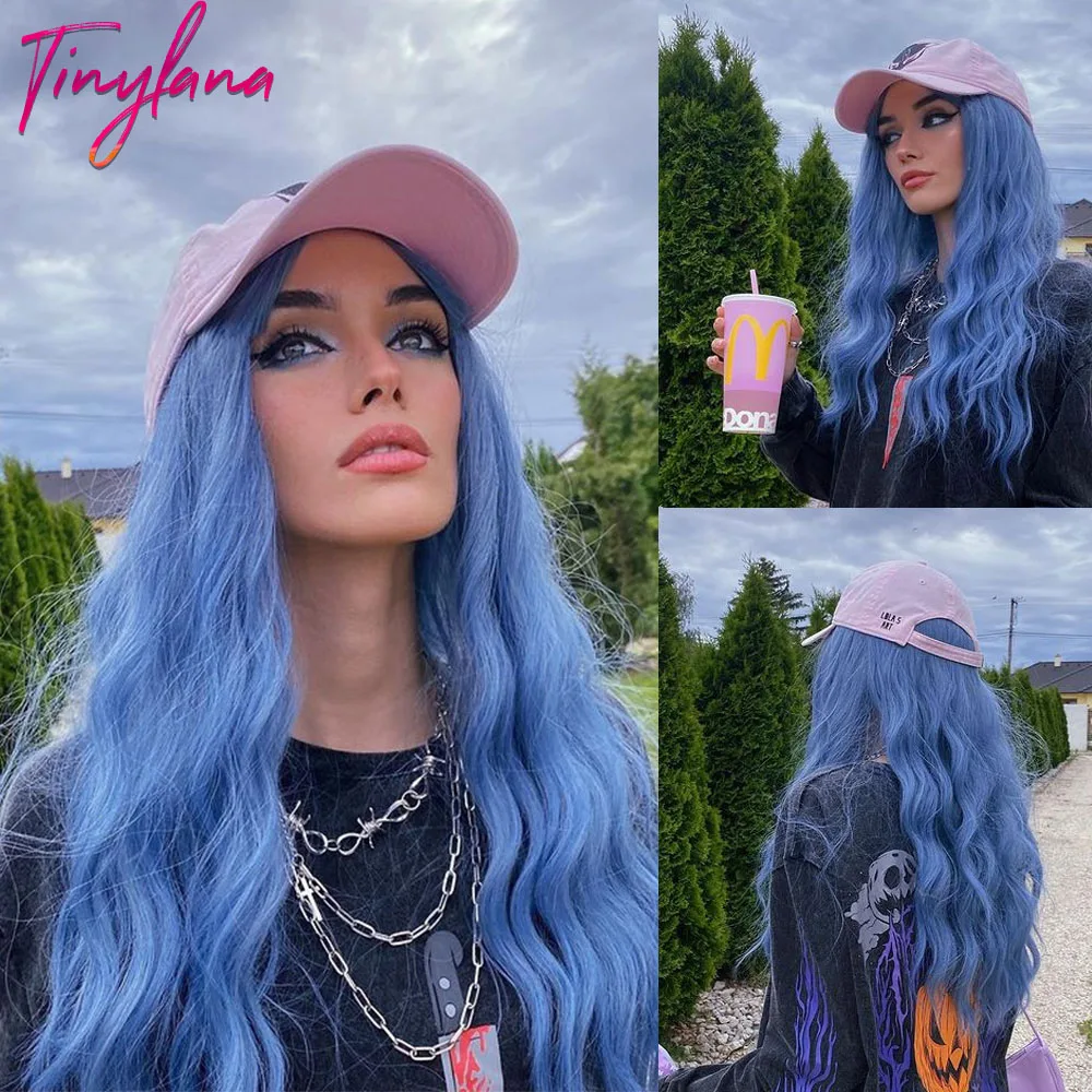 

TINY LANA Synthetic Red Blue Orange Color Long Water Wave Wigs For Women With Bangs Halloween Cosplay Party Daily Heat Resistant