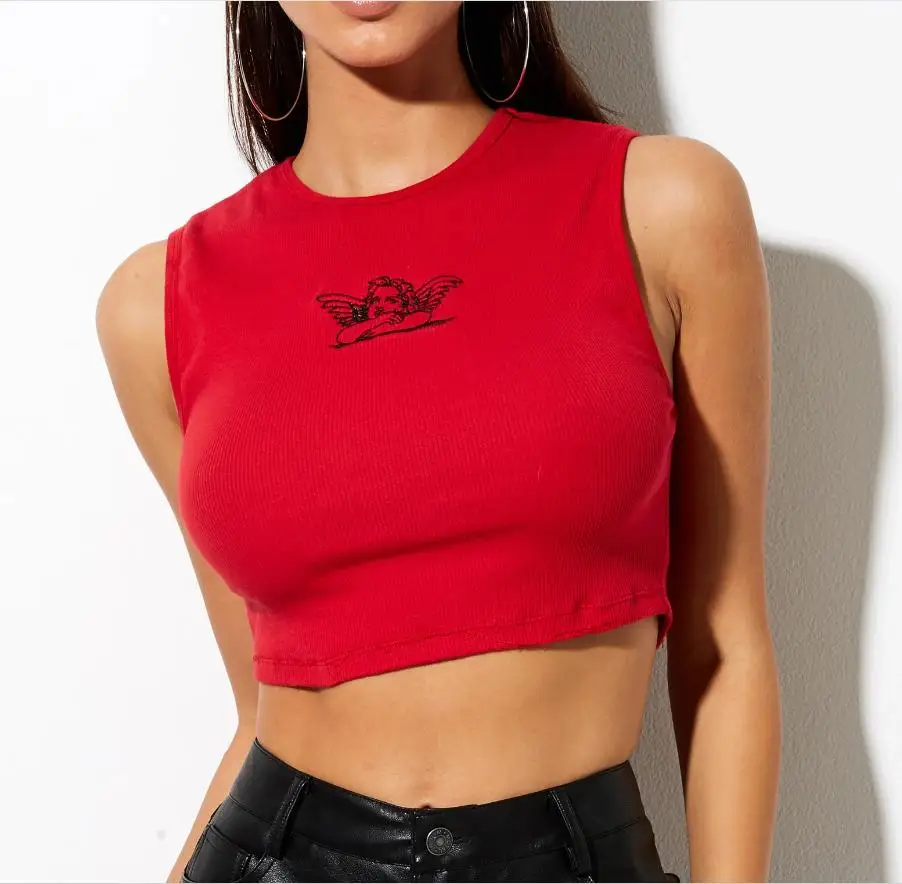 Кроп-Топ женский трикотажный эластичный в рубчик с круглым вырезом и принтом