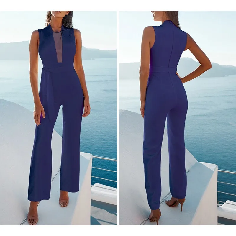 Летние женские сексуальные комбинезоны без рукавов с поясом вечерние сетчатые