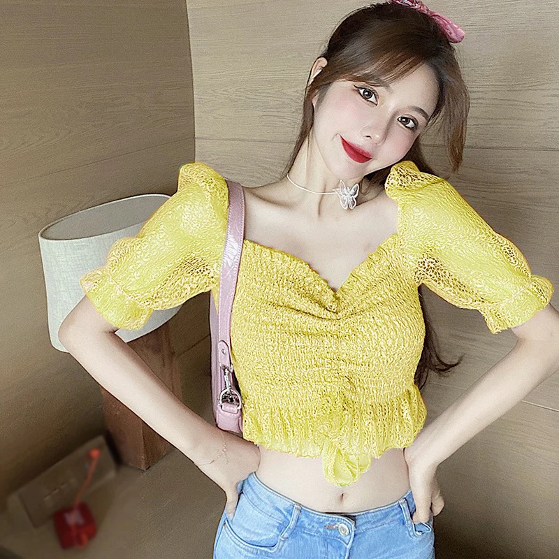 

Lace Puff Sleeve Fairy Blouse Female Exposed Navel Shirt Tops Women Sweet Solid Color Square Collar Blouses