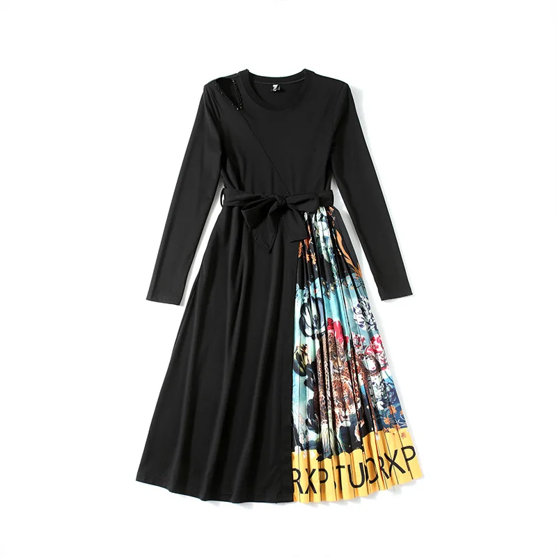 

Elegant O-Neck Long Sleeve Women Dress Vintage Print Patchwork Pleated Office Dress 2020 Autumn Winter Female Retro Dress