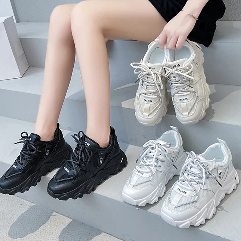 

Women's Chunky Sneakers 2022 Fashion Women Platform Shoes Lace Up Breathable Air Vulcanize Shoes Female Trainers Daddy Shoes