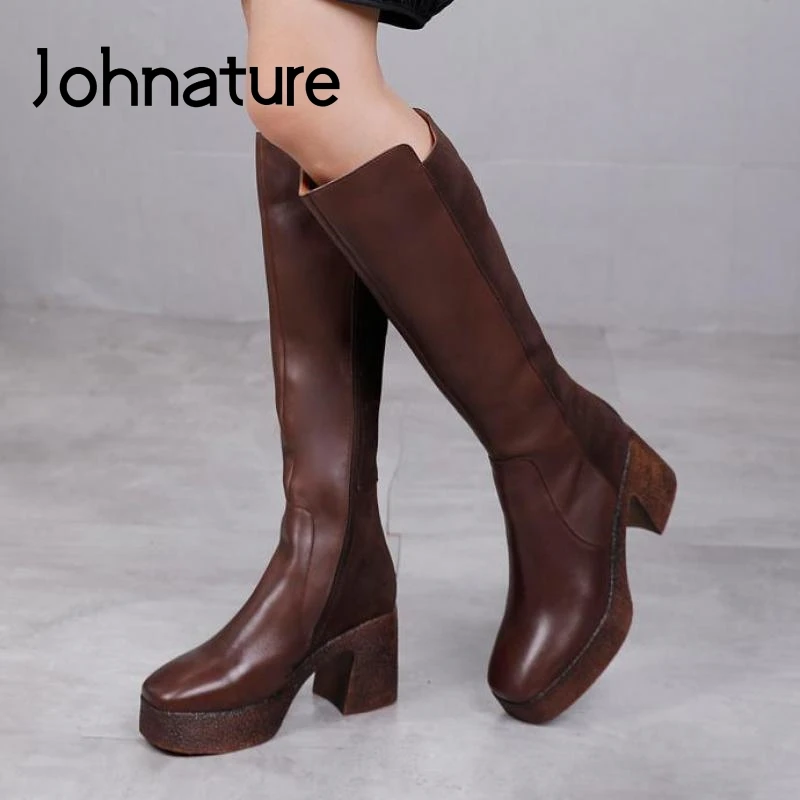 

Johnature Winter Women Boots 2022 New Short Plush Women Shoes Warm Genuine Leather Round Toe Zip Handmade Concise Platform Boots