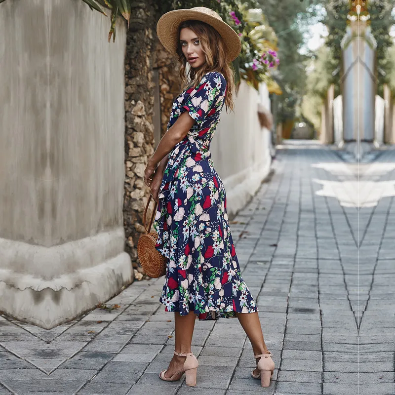 

2021 Summer New Ladies Vacation Style Medium Long Floral Print Dress Women Elegant Ruffles V-neck Short Sleeve Beach Dress