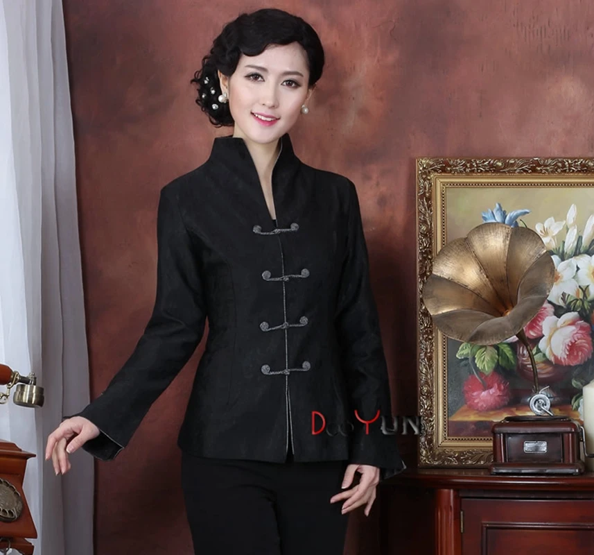 

Chinese middle-aged and old ladies Black long-sleeved Chinese style buckle jacket mother daily Tang suit spring autumn Jacket