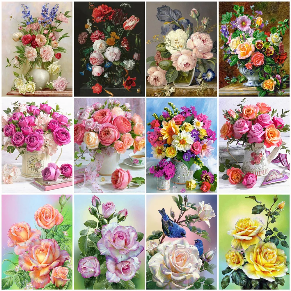 

Huacan Full Diamond Embroidery Rose Vase 5D Diamond Painting Peony Flower Mosaic Cross Stitch Modular Pictures Creative Hobbies
