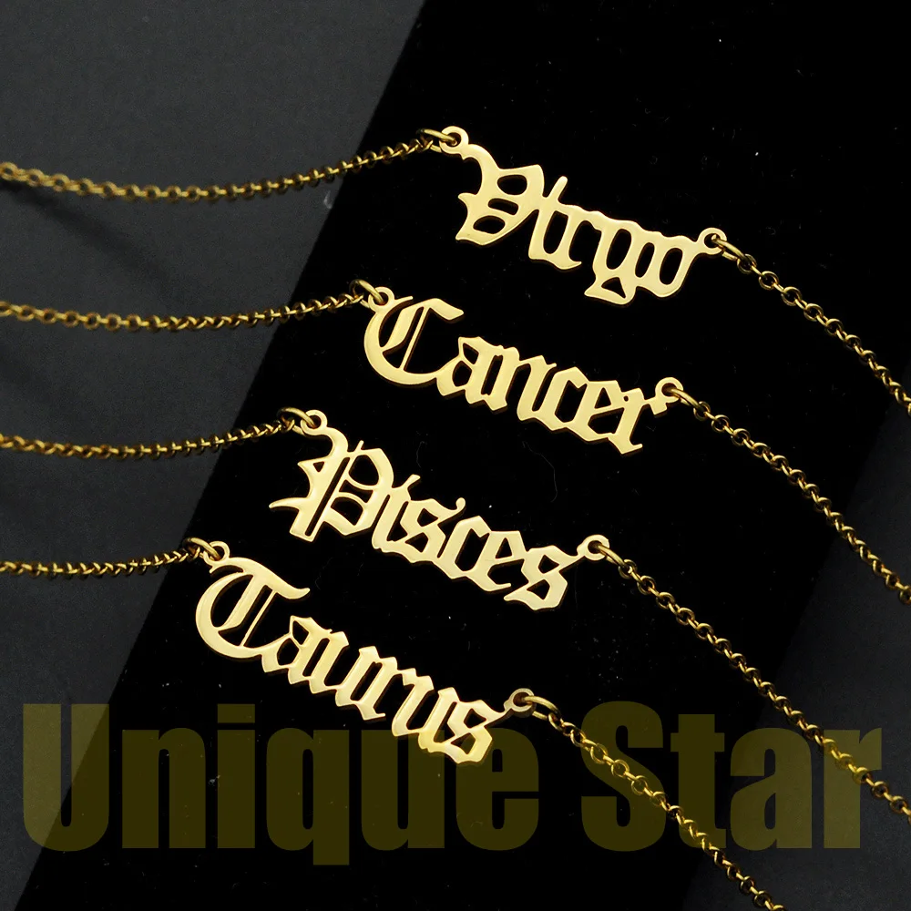 

100% Stainless Steel Old English Zodiac Letter Necklace for Women Aries Horoscope Jewelry Fashion Necklaces Dropshipping