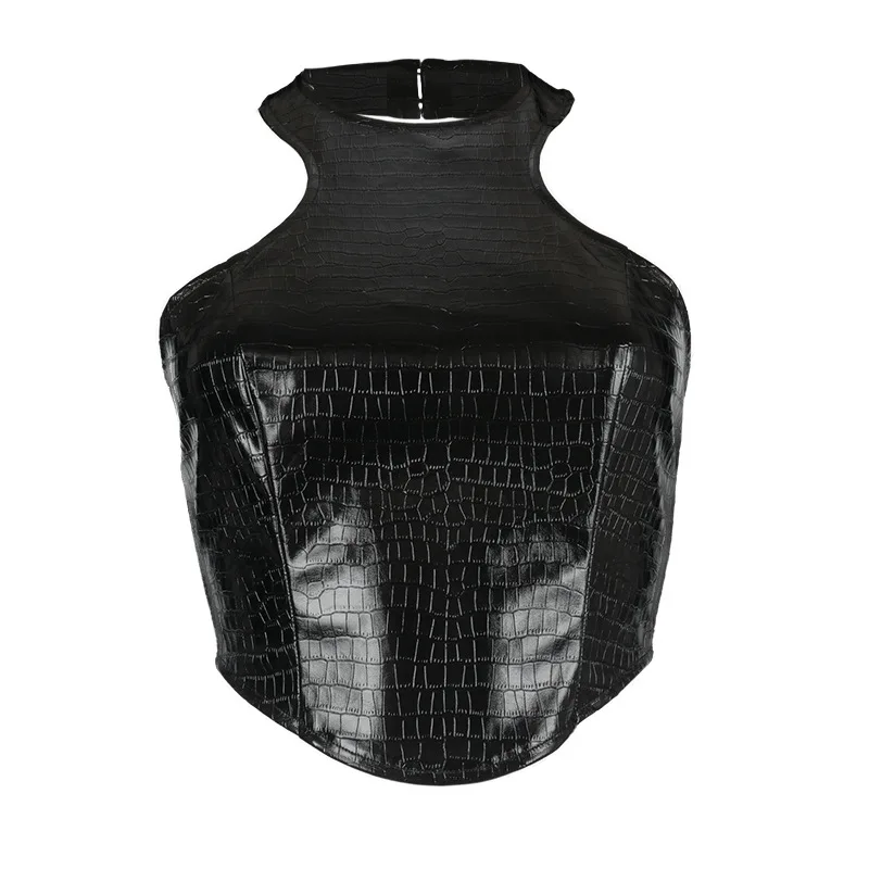

Women Top 2021 NEW Retro Crocodile PU Halter Collar Sleeveless Slim Sexy Blackless Tank Top Clubwear Black/White Crop Top