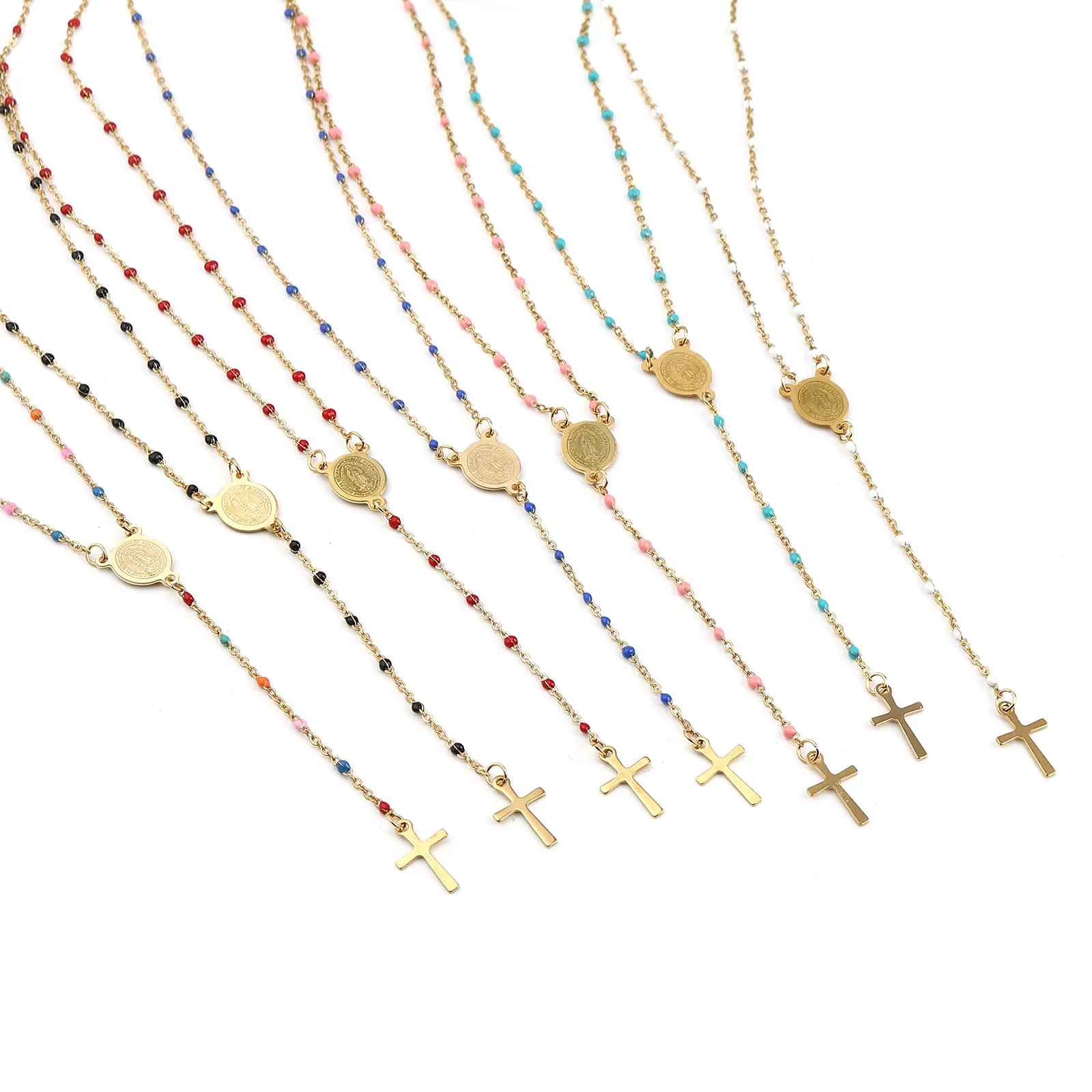 

1 Piece New Stainless Steel Religious Link Cable Chain Findings Necklace Gold Plated Cross Virgin Mary Enamel Pendant 49cm Long