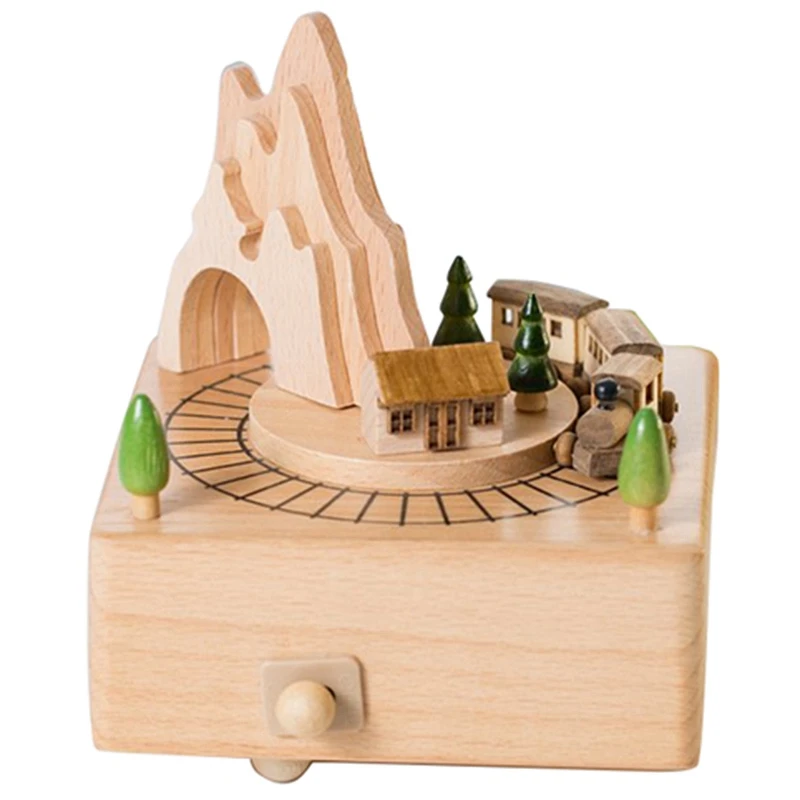 

Wooden Musical Box Featuring Mountain Tunnel With Small Moving netic Train |Plays