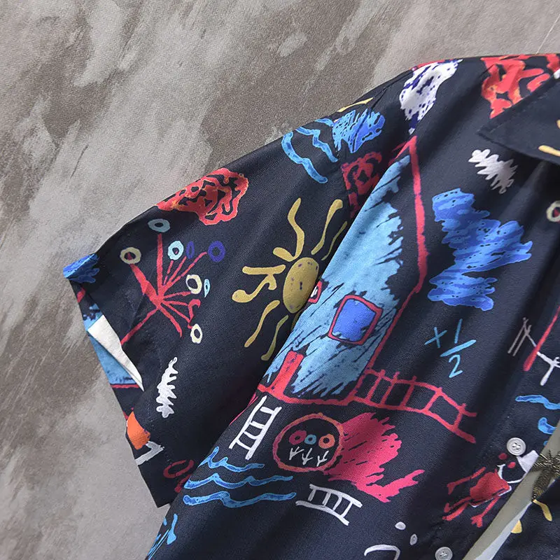 

couples short-sleeve blouse shirt Japanese Vintage cartoon hand-drawn graffiti printing male loose shirts male camisa masculina