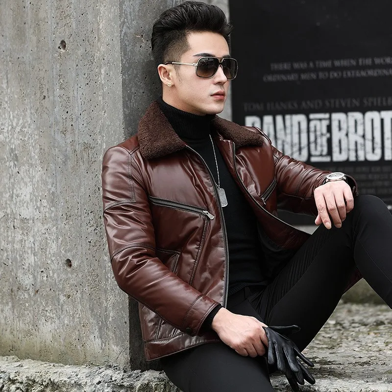 Мужская шерстяная куртка с воротником из натуральной воловьей кожи зимняя