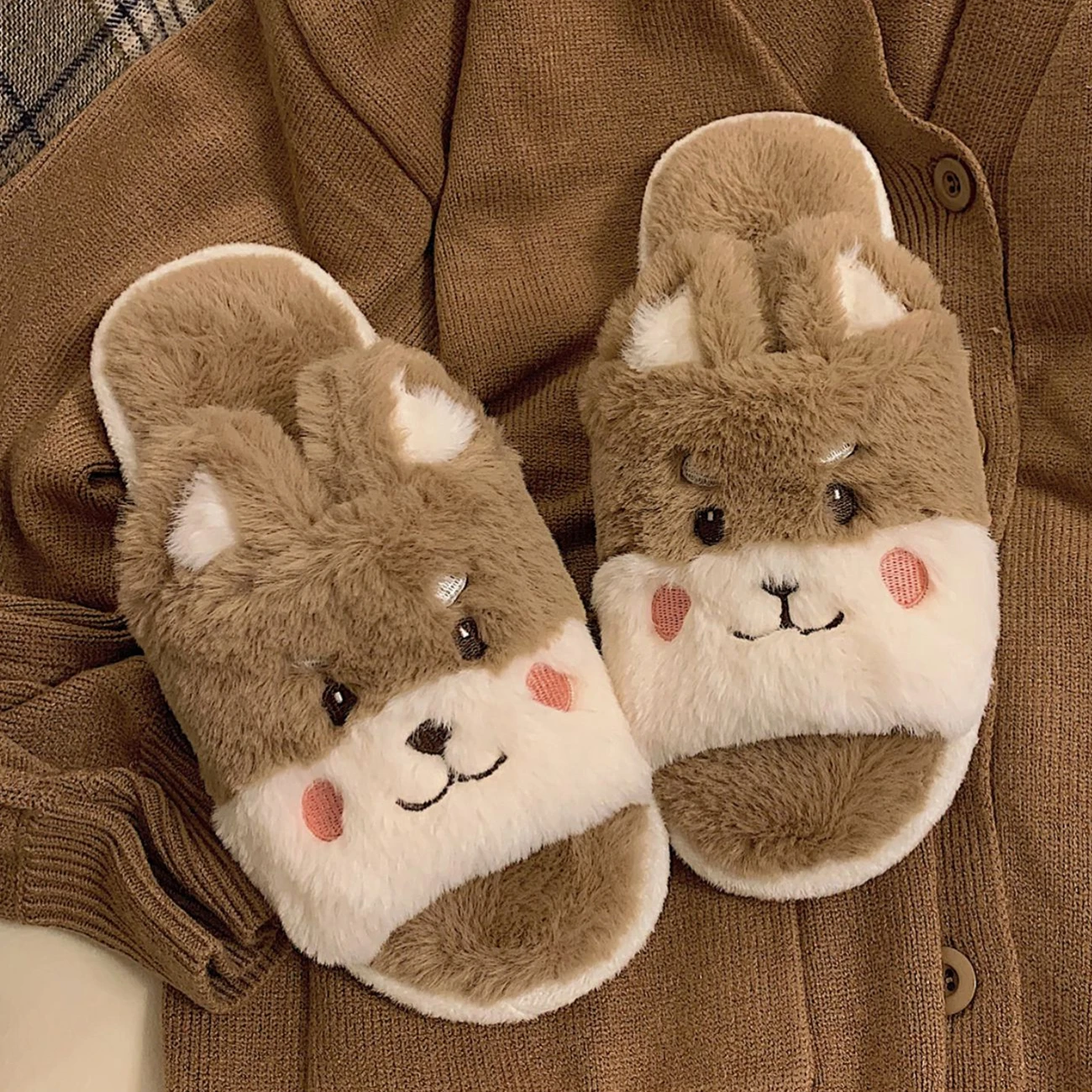 

Winter Fluffy Cute Dogs Women Fur Slippers Bedroom Open-toe Warm Girls Plush Shoes Indoor Cartoon Ladies Fuzzy Slippers