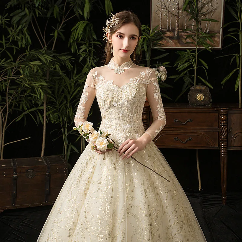 

KAUNISSINA Vintage Court Wedding Dress Women High Collar Appliques Floor-Length Luxury Tulle Ball Gown Champagne Bridal Dresses