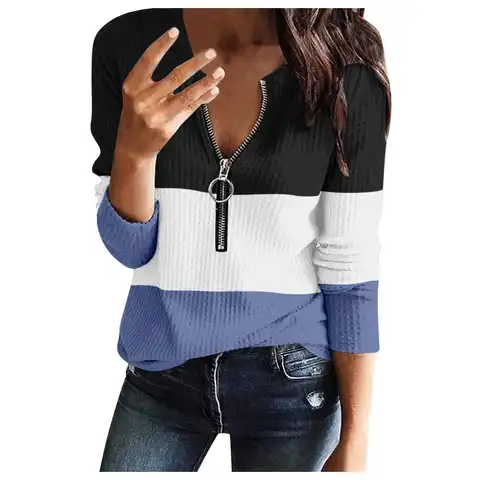 women knitted blouse 2021 Fashoin Stripe Patchwork Shirts Casual zipper Up Tunic Korean V-Neck Tops Loose Long sleeve Blusas