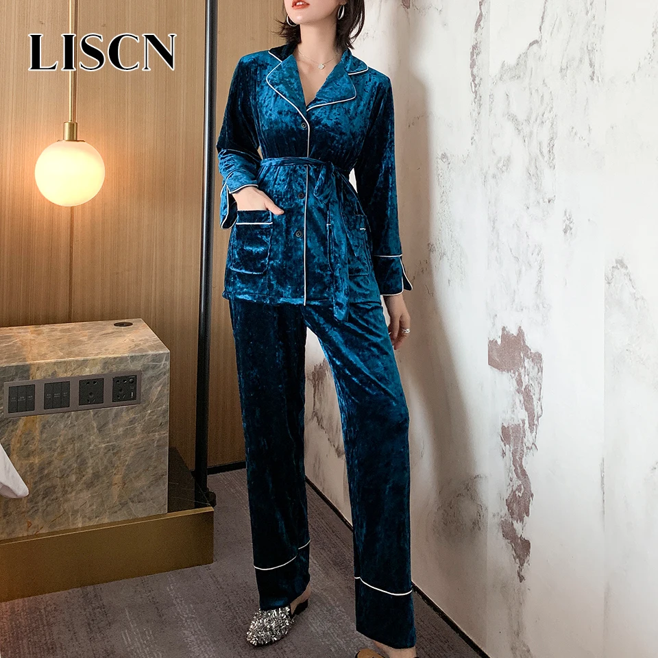 Peacock blue LISCN зимняя женская пижама, одежда для отдыха, теплый домашний костюм, повседневная одежда, штаны, теплая Пижама, золотой бархат, комплект одежды для сна с поясом - Цвет: Peacock blue