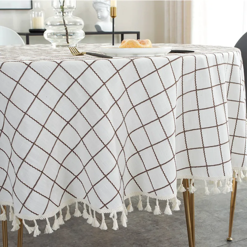 

Round Tablecloth for Home Decoration White Cotton Linen Jacquard Plaid Stripes Tassels Table Cloth for Wedding / Outdoor Picnic