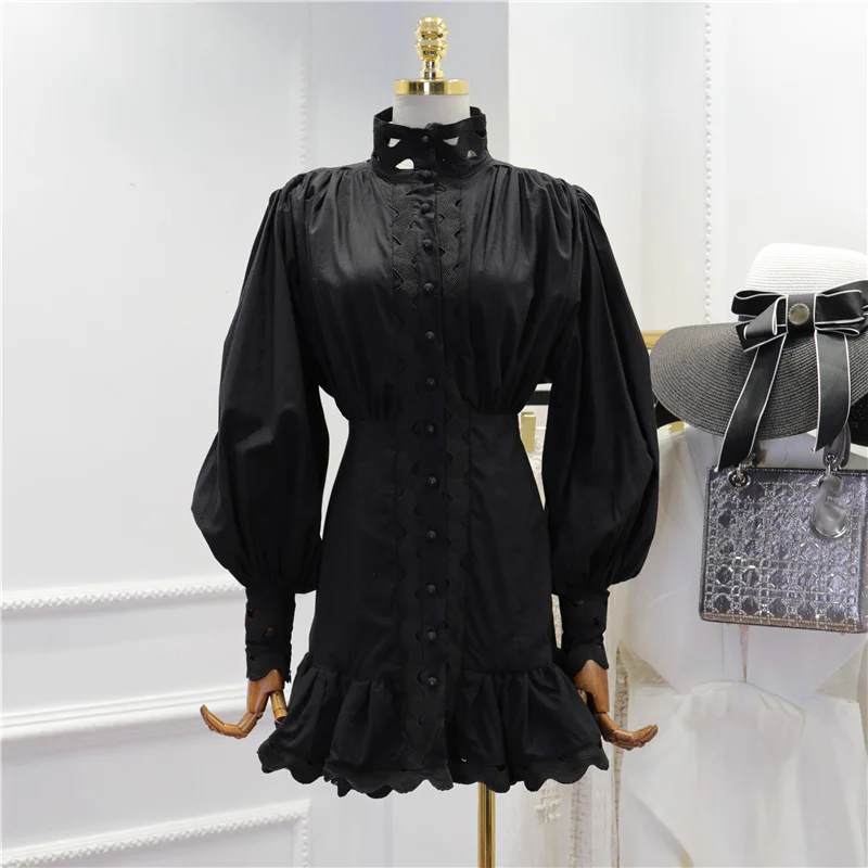 Женское ажурное платье рубашка мини с воротником стойкой рукавами фонариками и