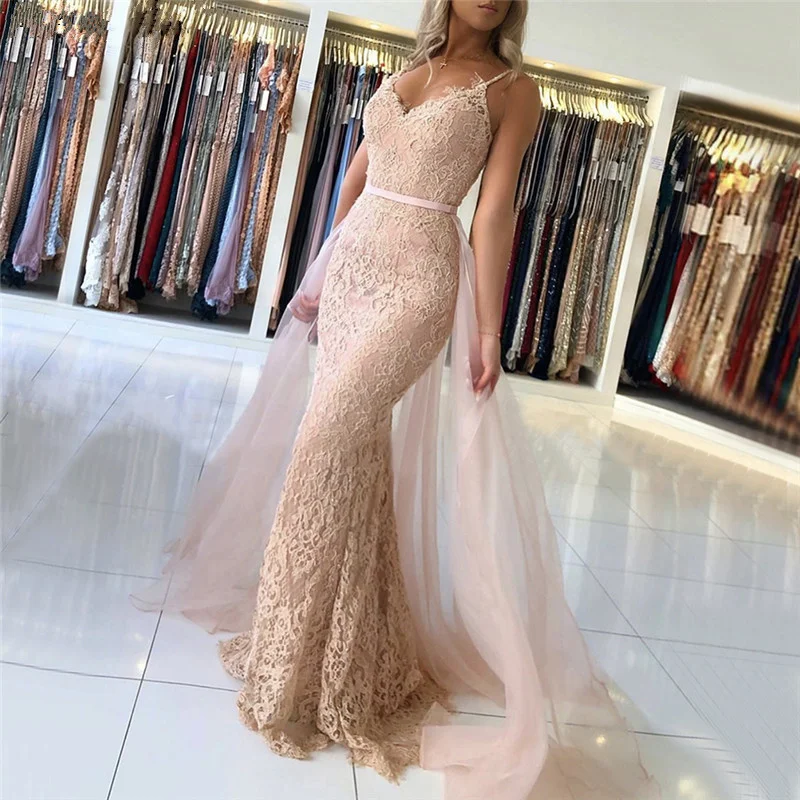 

Sexy Mermaid Evening Dress Spaghetti Strap Beaded Evening Dresses Long Detachable Skirt Sashes Formal Dress Evening Gown