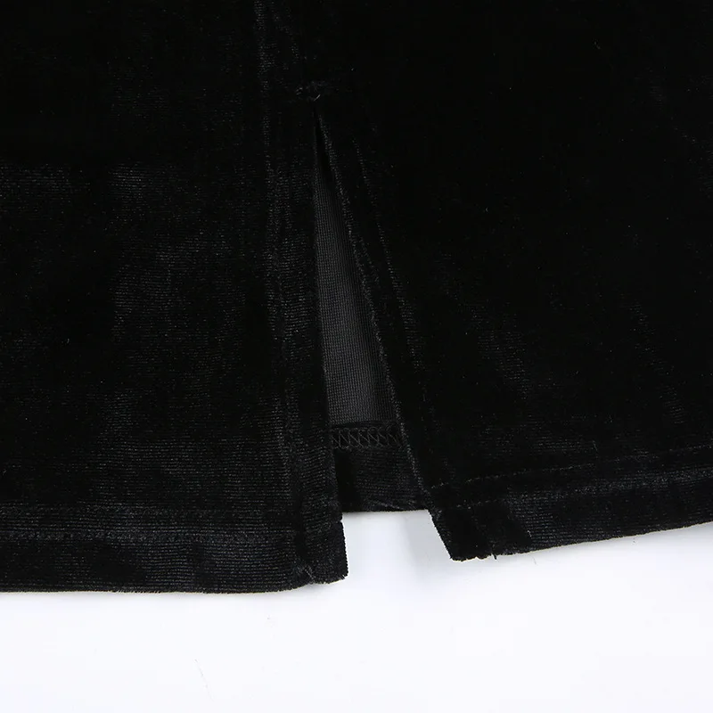 

2020 Europe America New Black Velvet Square Neck Slim Fashion Chain Pleated Sexy Split A-Line Skirt Dresses For Women Party
